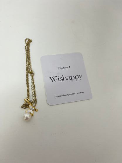 Wishappy Layered Gold Necklace - Enamel Butterfly & Pearl Pendant, Adjustable Chain for Versatile Styling