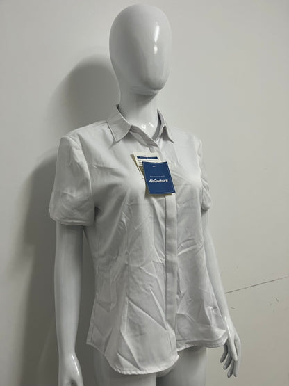 [WoPosture Shirts]-White Short-Sleeve Button-Down Shirt - Slim-Fit Wrinkle-Resistant Blouse