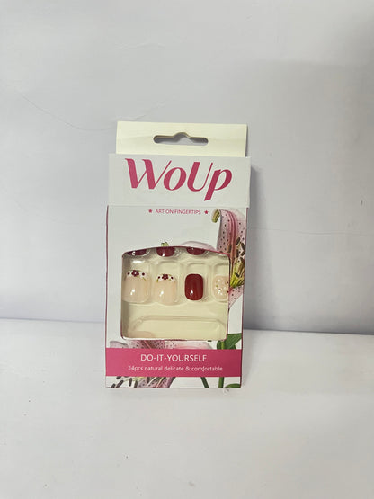 WoUp Press on Nails Short Square Fake Nails with Glitter Flower Designs Red Nails Press ons Glossy Glue on Nails Spring False Nails Nude Acrylic Nails Artificial Stick on Nails for Women 24Pcs