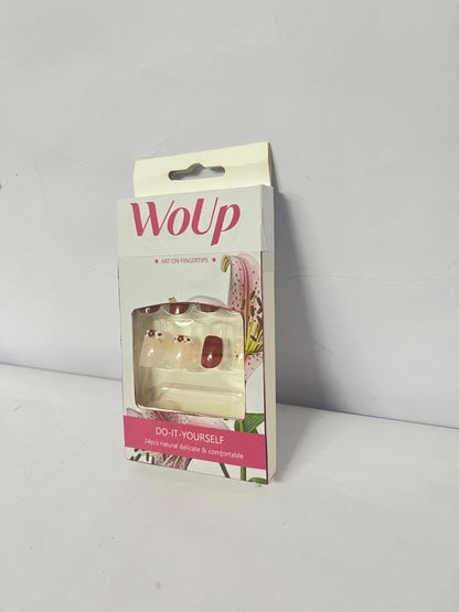 WoUp Press on Nails Short Square Fake Nails with Glitter Flower Designs Red Nails Press ons Glossy Glue on Nails Spring False Nails Nude Acrylic Nails Artificial Stick on Nails for Women 24Pcs