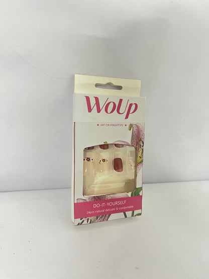 WoUp Press on Nails Short Square Fake Nails with Glitter Flower Designs Red Nails Press ons Glossy Glue on Nails Spring False Nails Nude Acrylic Nails Artificial Stick on Nails for Women 24Pcs
