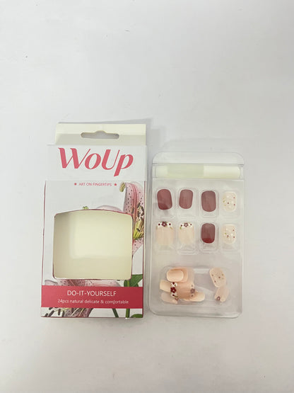 WoUp Press on Nails Short Square Fake Nails with Glitter Flower Designs Red Nails Press ons Glossy Glue on Nails Spring False Nails Nude Acrylic Nails Artificial Stick on Nails for Women 24Pcs