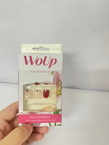 WoUp Press on Nails Short Square Fake Nails with Glitter Flower Designs Red Nails Press ons Glossy Glue on Nails Spring False Nails Nude Acrylic Nails Artificial Stick on Nails for Women 24Pcs