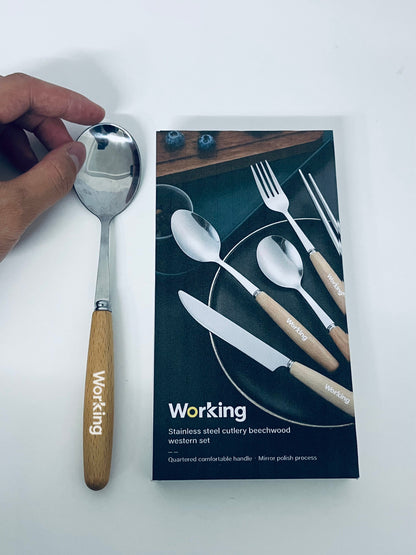 【Working Beechwood-Handle Stainless Steel Tableware Spoon】—— Elegant & Comfortable Utensil for Daily Dining