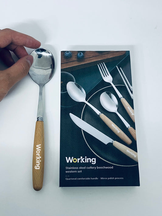 【Working Beechwood-Handle Stainless Steel Tableware Spoon】—— Elegant & Comfortable Utensil for Daily Dining