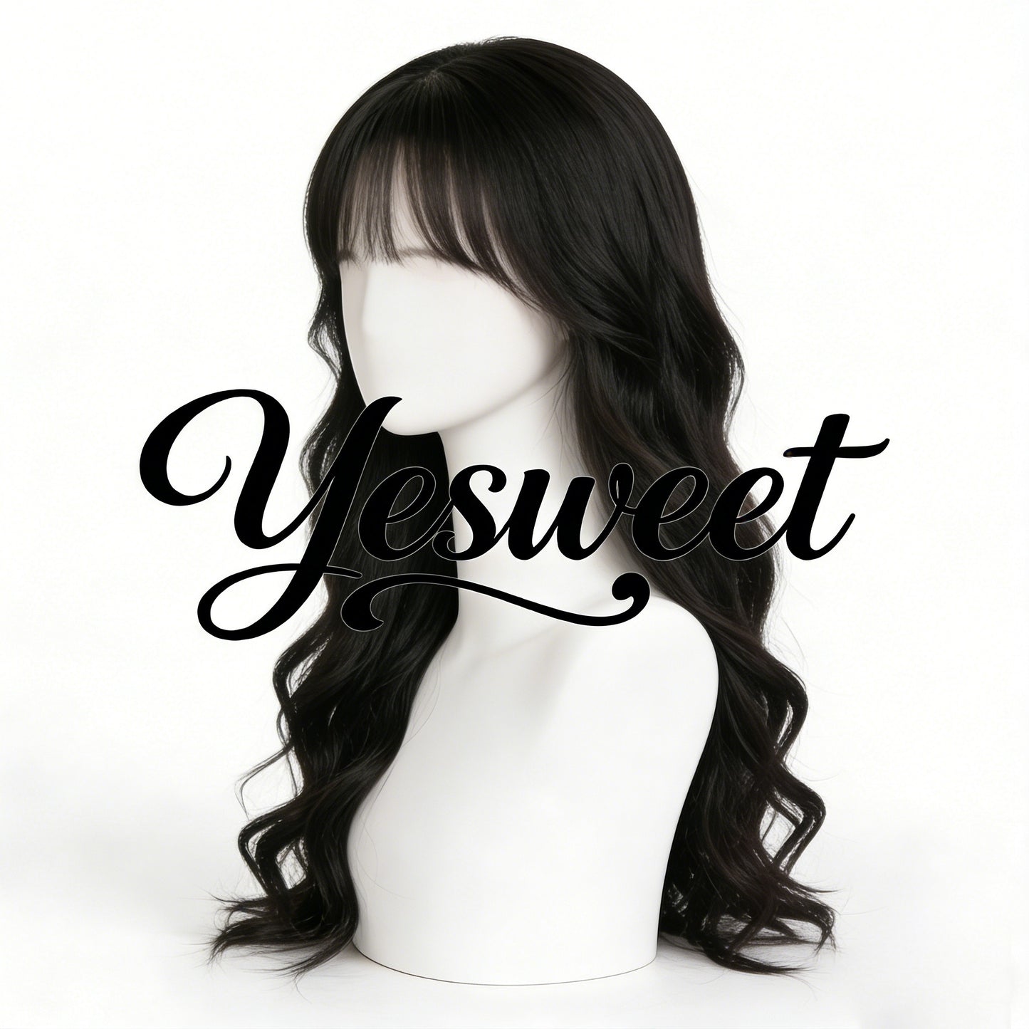Yesweet Natural Long Wave Curly Wig with Air Bangs, Realistic Synthetic Hair Wig for Women, Daily Wear High-Heat Resistant Fiber Full Wig, Stylish & Versatile Hairpiece