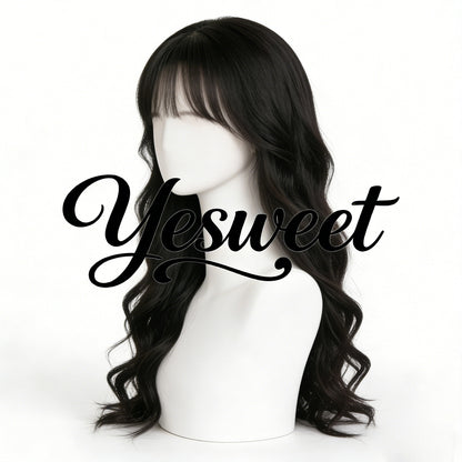 Yesweet Natural Long Wave Curly Wig with Air Bangs, Realistic Synthetic Hair Wig for Women, Daily Wear High-Heat Resistant Fiber Full Wig, Stylish & Versatile Hairpiece