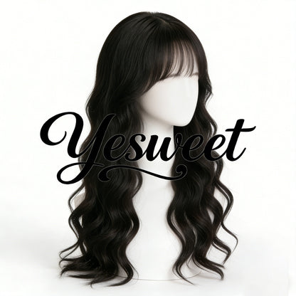 Yesweet Natural Long Wave Curly Wig with Air Bangs, Realistic Synthetic Hair Wig for Women, Daily Wear High-Heat Resistant Fiber Full Wig, Stylish & Versatile Hairpiece