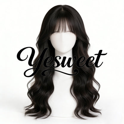 Yesweet Natural Long Wave Curly Wig with Air Bangs, Realistic Synthetic Hair Wig for Women, Daily Wear High-Heat Resistant Fiber Full Wig, Stylish & Versatile Hairpiece