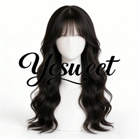 Yesweet Natural Long Wave Curly Wig with Air Bangs, Realistic Synthetic Hair Wig for Women, Daily Wear High-Heat Resistant Fiber Full Wig, Stylish & Versatile Hairpiece