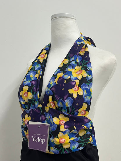 Yetop Purple & Yellow Floral Halter One-Piece Swimsuit Retro Charm, Sexy Elegance, a Highlight by the Pool
