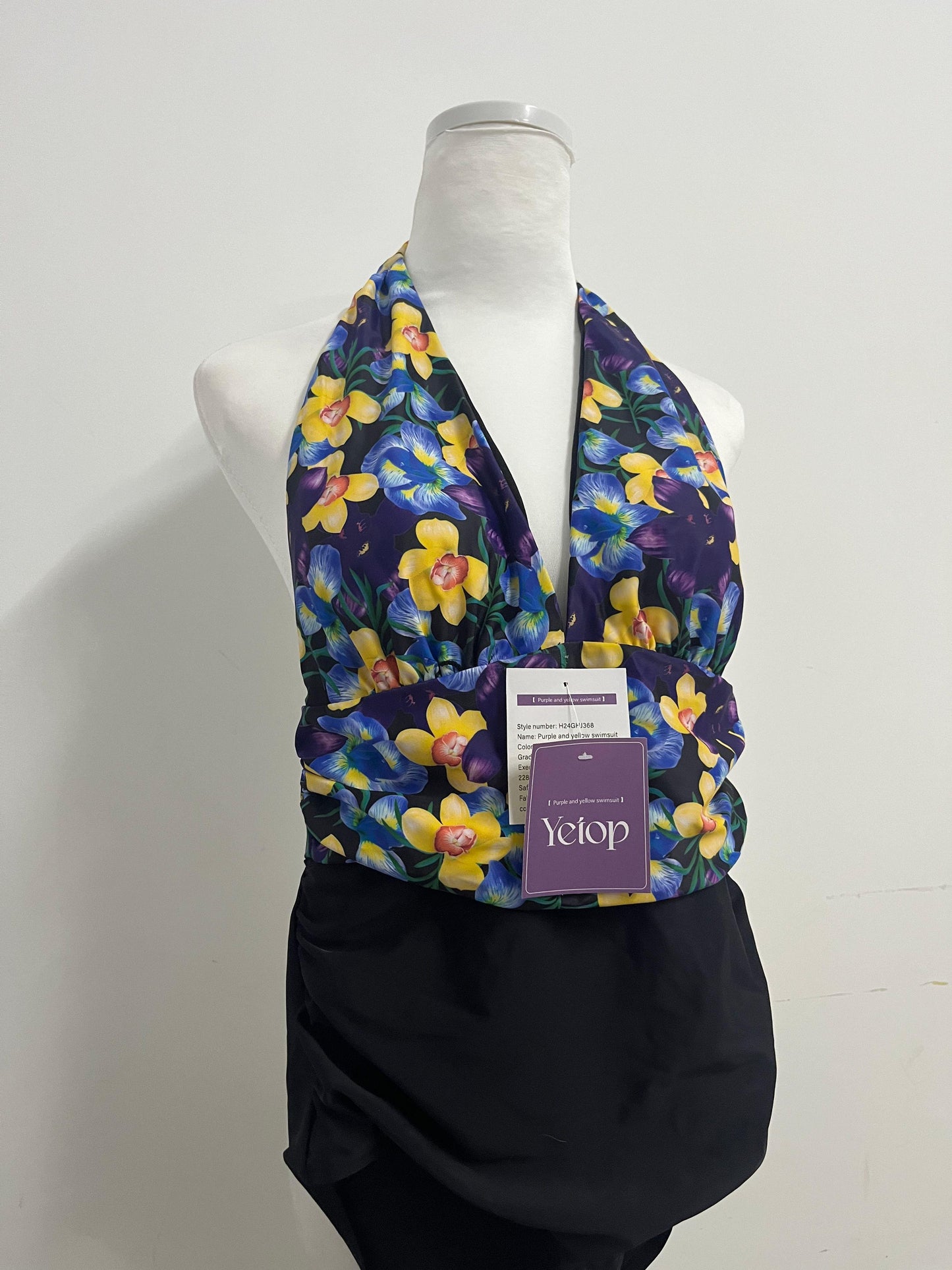 Yetop Purple & Yellow Floral Halter One-Piece Swimsuit Retro Charm, Sexy Elegance, a Highlight by the Pool