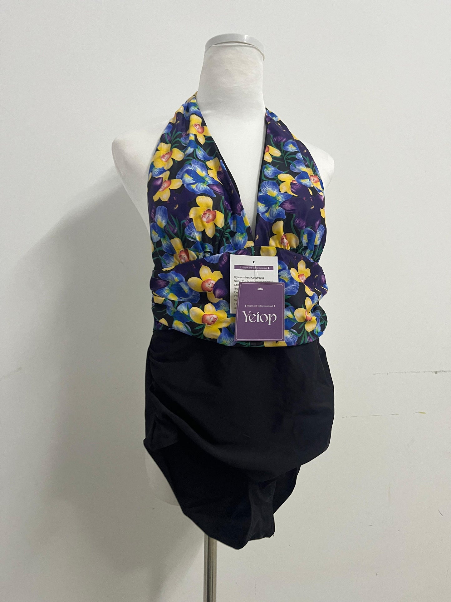 Yetop Purple & Yellow Floral Halter One-Piece Swimsuit Retro Charm, Sexy Elegance, a Highlight by the Pool
