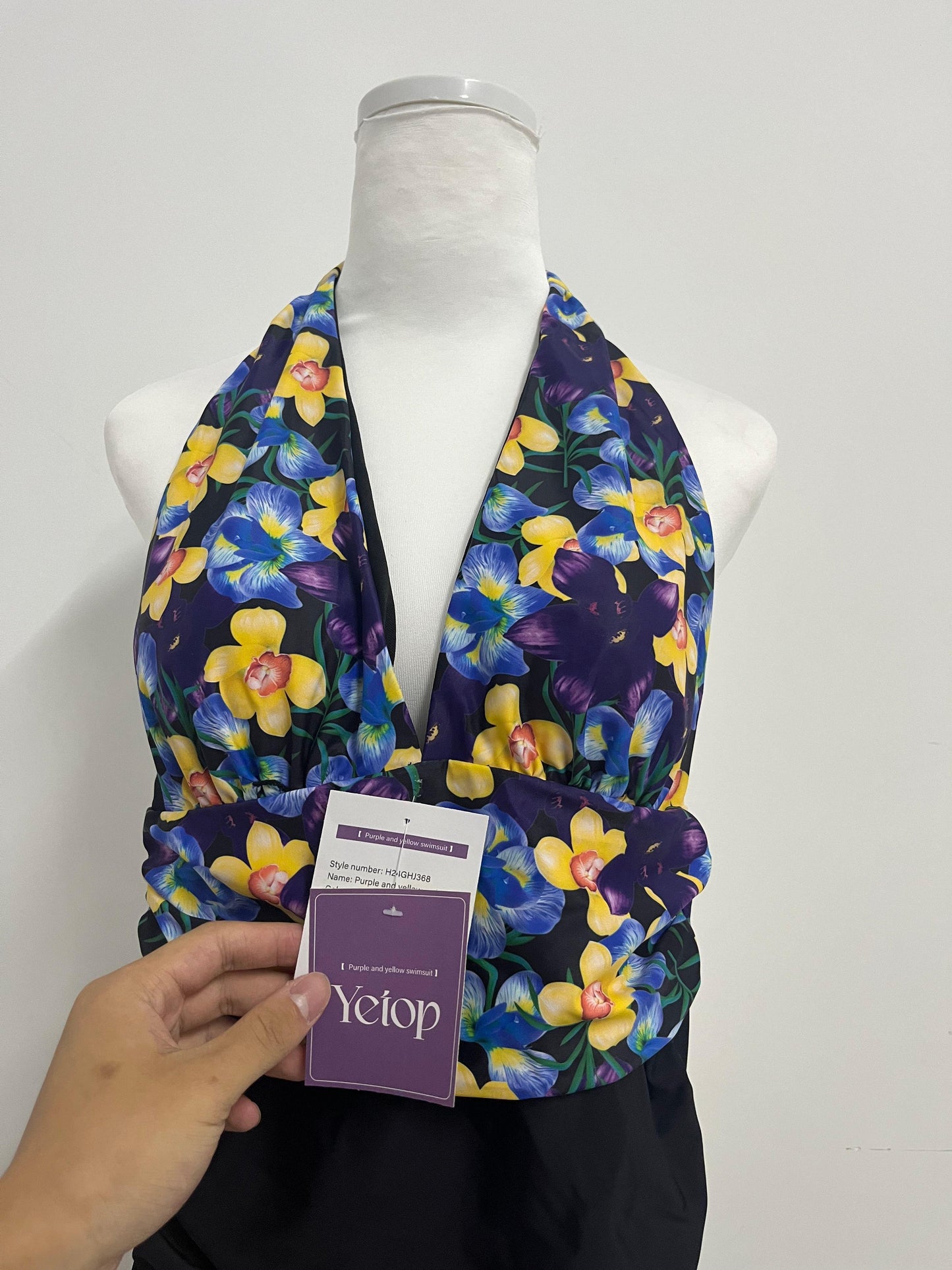 Yetop Purple & Yellow Floral Halter One-Piece Swimsuit Retro Charm, Sexy Elegance, a Highlight by the Pool