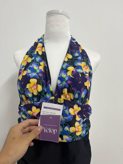 Yetop Purple & Yellow Floral Halter One-Piece Swimsuit Retro Charm, Sexy Elegance, a Highlight by the Pool