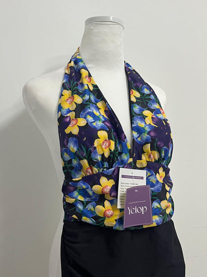 Yetop Purple & Yellow Floral Halter One-Piece Swimsuit Retro Charm, Sexy Elegance, a Highlight by the Pool