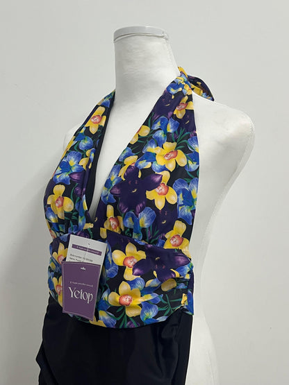 Yetop Purple & Yellow Floral Halter One-Piece Swimsuit Retro Charm, Sexy Elegance, a Highlight by the Pool