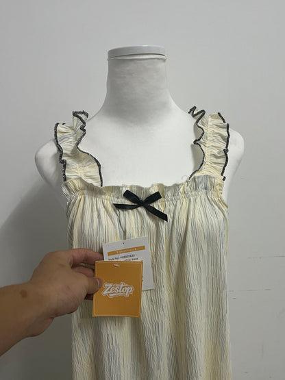Zestop French Retro Pleated Camisole Nightdress, Striped Ruffled Comfort Loungewear