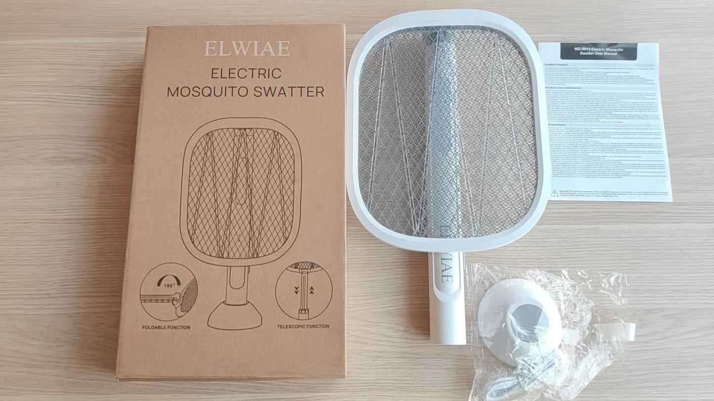 ELWIAE Foldable & Telescopic Electric Mosquito Swatter, 2-in-1 UV Mosquito Killer Lamp, Rechargeable Fly Zapper with 3-Layer Safety Mesh, Long-Lasting Lithium Battery, Base & LED Light, Physical Pest Control for Home Use