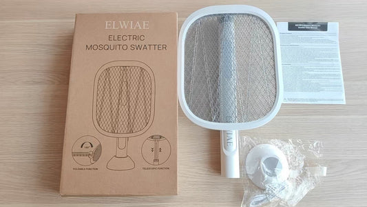 ELWIAE Foldable & Telescopic Electric Mosquito Swatter, 2-in-1 UV Mosquito Killer Lamp, Rechargeable Fly Zapper with 3-Layer Safety Mesh, Long-Lasting Lithium Battery, Base & LED Light, Physical Pest Control for Home Use