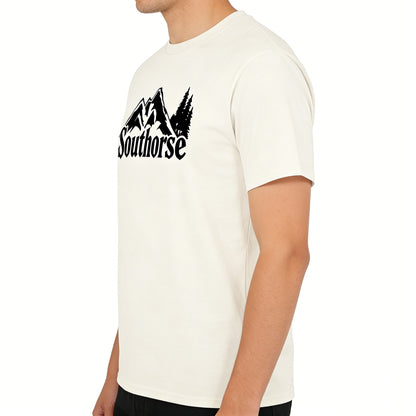 Southorse Men's Outdoor Mountain Print Short Sleeve T-shirts, Gothic Font Casual Tops, Cream White