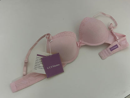VTTMama Women's Underwear - Pink Ribbed Cotton Bra with Lace Trim, Comfortable & Supportive, Breathable Skin-Friendly Daily Lingerie