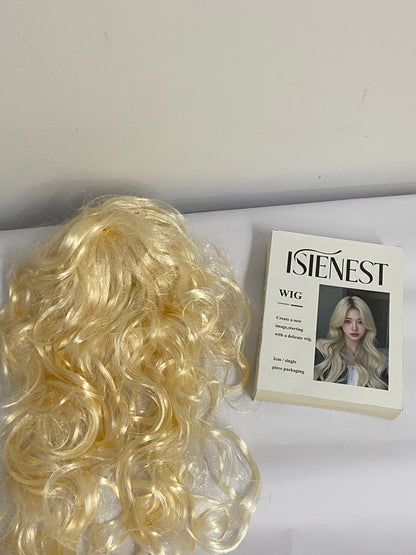 ISIENEST Long White Blonde Wavy Sytnhetic Wigs Platinum Blonde Middle Part Heat Resistant Fiber Half Hand Tied Wig For Women 24inch