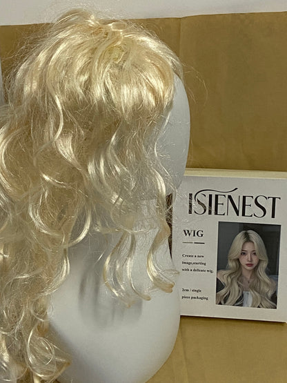 ISIENEST Long White Blonde Wavy Sytnhetic Wigs Platinum Blonde Middle Part Heat Resistant Fiber Half Hand Tied Wig For Women 24inch