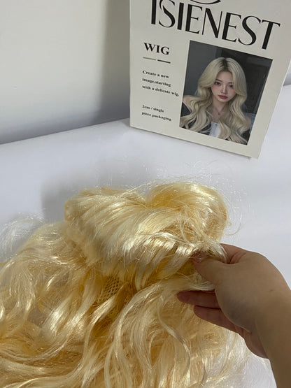 ISIENEST Long White Blonde Wavy Sytnhetic Wigs Platinum Blonde Middle Part Heat Resistant Fiber Half Hand Tied Wig For Women 24inch
