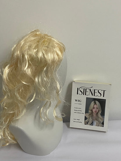 ISIENEST Long White Blonde Wavy Sytnhetic Wigs Platinum Blonde Middle Part Heat Resistant Fiber Half Hand Tied Wig For Women 24inch