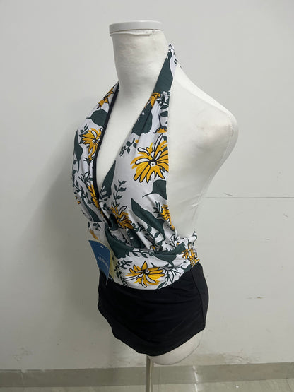 childaisy Yellow Floral & Green Vine Halter One-Piece Swimsuit - Stylish, Slimming & High-Quality Swimwear for Vacation