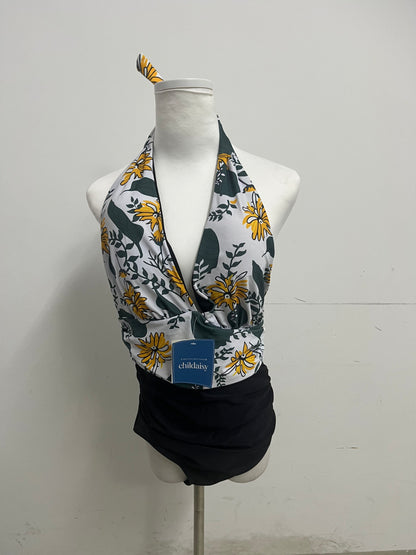 childaisy Yellow Floral & Green Vine Halter One-Piece Swimsuit - Stylish, Slimming & High-Quality Swimwear for Vacation