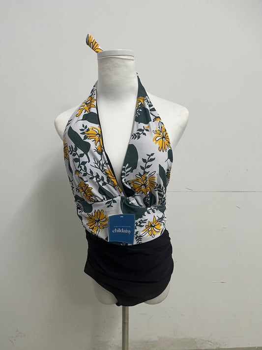 childaisy Yellow Floral & Green Vine Halter One-Piece Swimsuit - Stylish, Slimming & High-Quality Swimwear for Vacation