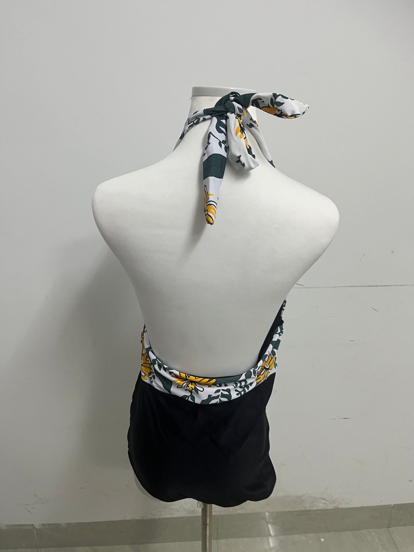 childaisy Yellow Floral & Green Vine Halter One-Piece Swimsuit - Stylish, Slimming & High-Quality Swimwear for Vacation