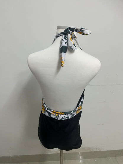 childaisy Yellow Floral & Green Vine Halter One-Piece Swimsuit - Stylish, Slimming & High-Quality Swimwear for Vacation