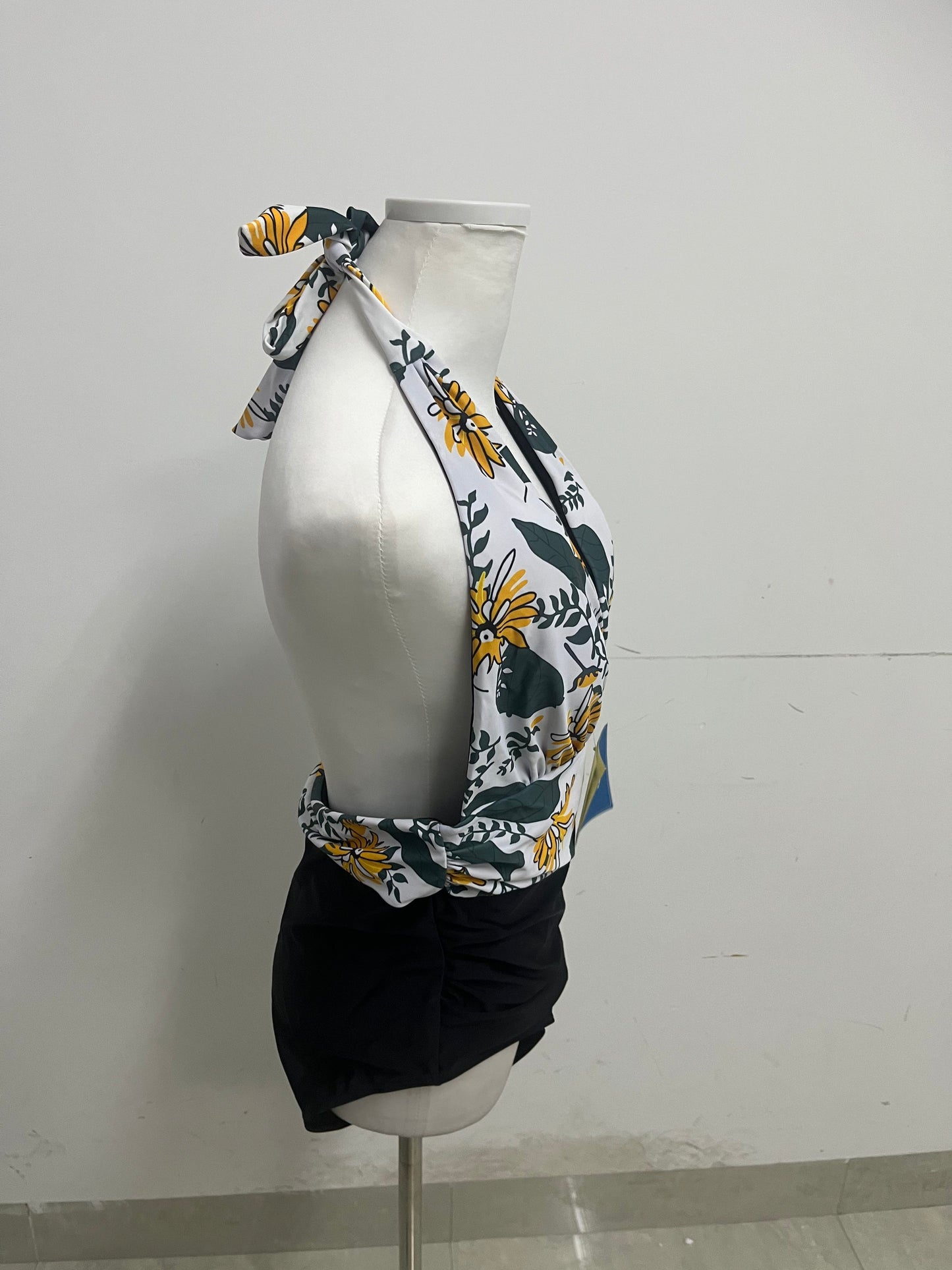 childaisy Yellow Floral & Green Vine Halter One-Piece Swimsuit - Stylish, Slimming & High-Quality Swimwear for Vacation