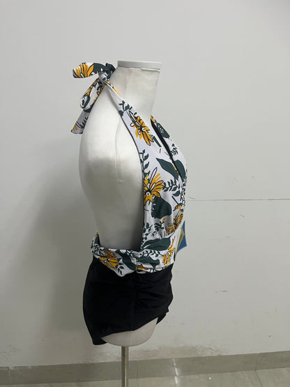 childaisy Yellow Floral & Green Vine Halter One-Piece Swimsuit - Stylish, Slimming & High-Quality Swimwear for Vacation