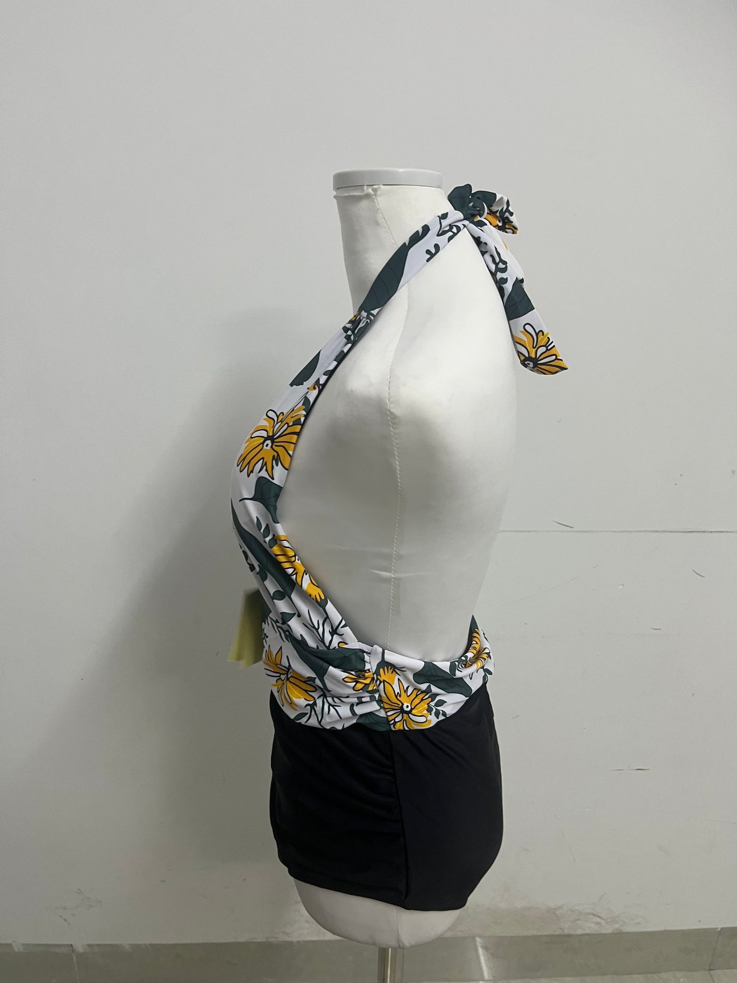 childaisy Yellow Floral & Green Vine Halter One-Piece Swimsuit - Stylish, Slimming & High-Quality Swimwear for Vacation