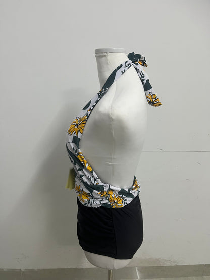 childaisy Yellow Floral & Green Vine Halter One-Piece Swimsuit - Stylish, Slimming & High-Quality Swimwear for Vacation