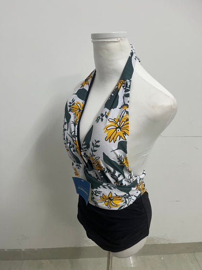 childaisy Yellow Floral & Green Vine Halter One-Piece Swimsuit - Stylish, Slimming & High-Quality Swimwear for Vacation
