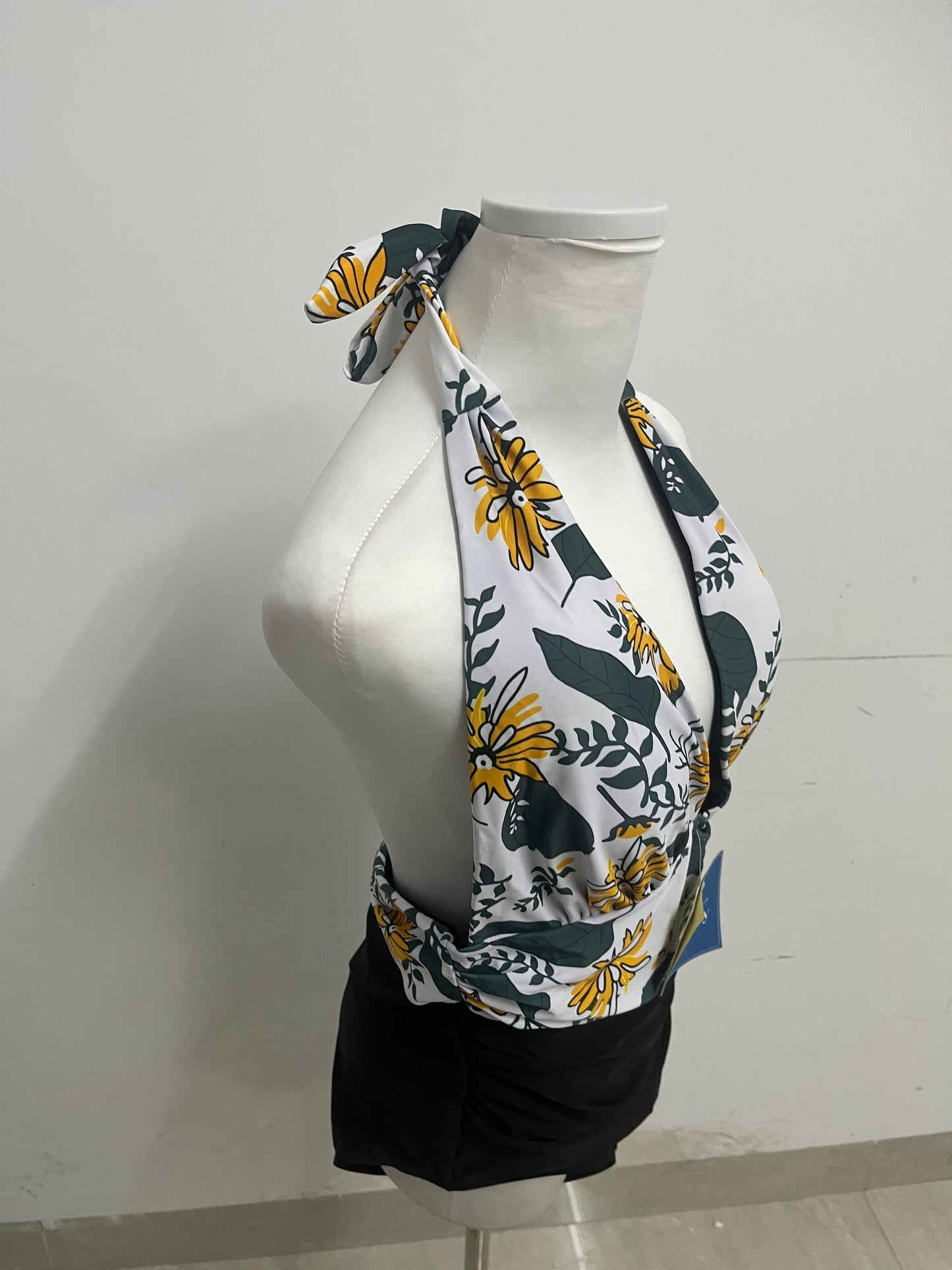 childaisy Yellow Floral & Green Vine Halter One-Piece Swimsuit - Stylish, Slimming & High-Quality Swimwear for Vacation