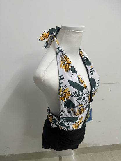 childaisy Yellow Floral & Green Vine Halter One-Piece Swimsuit - Stylish, Slimming & High-Quality Swimwear for Vacation