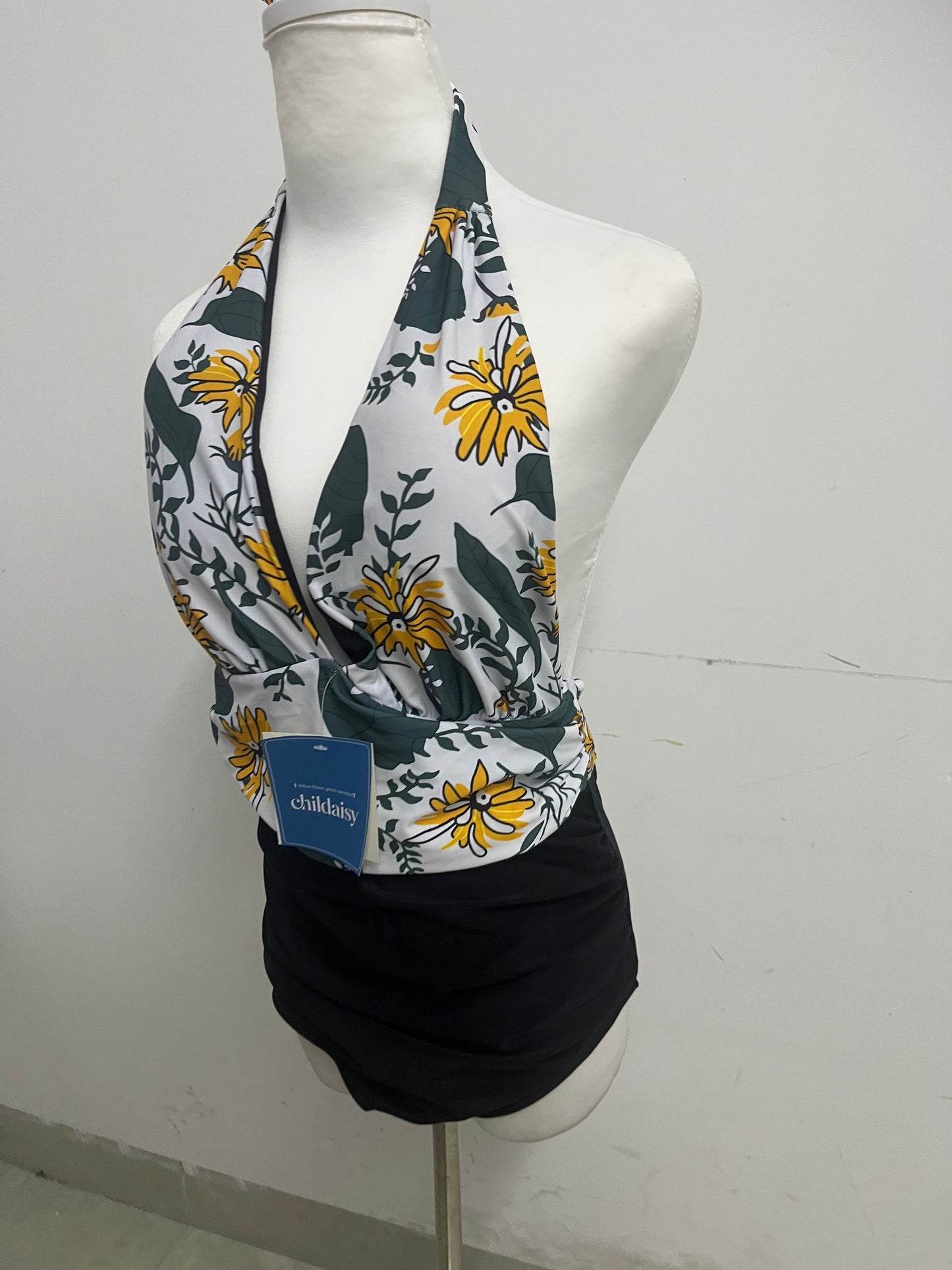 childaisy Yellow Floral & Green Vine Halter One-Piece Swimsuit - Stylish, Slimming & High-Quality Swimwear for Vacation