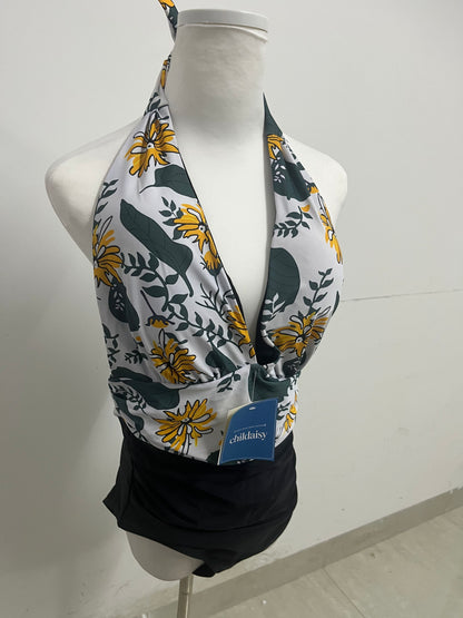 childaisy Yellow Floral & Green Vine Halter One-Piece Swimsuit - Stylish, Slimming & High-Quality Swimwear for Vacation