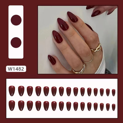 Missbling False nails New Wine Red Press on Nails Almond Solid Color False Tips Medium Press on Nails Short Glossy Acrylic Glue on Tips Reusable Nails