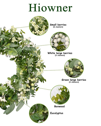 Hiowner Artificial wreaths,Artificial Spring Summer Greenery Wreaths for Front Door Green Eucalyptus Leaf Wreath Decor Boxwood with Big Berries for Farmhouse Outside Year Round