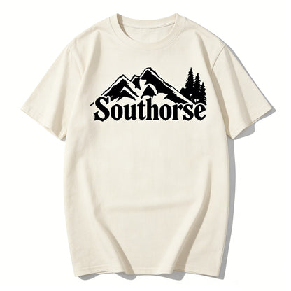 Southorse Men's Outdoor Mountain Print Short Sleeve T-shirts, Gothic Font Casual Tops, Cream White