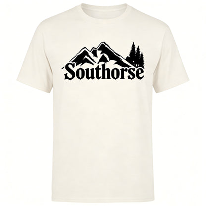 Southorse Men's Outdoor Mountain Print Short Sleeve T-shirts, Gothic Font Casual Tops, Cream White