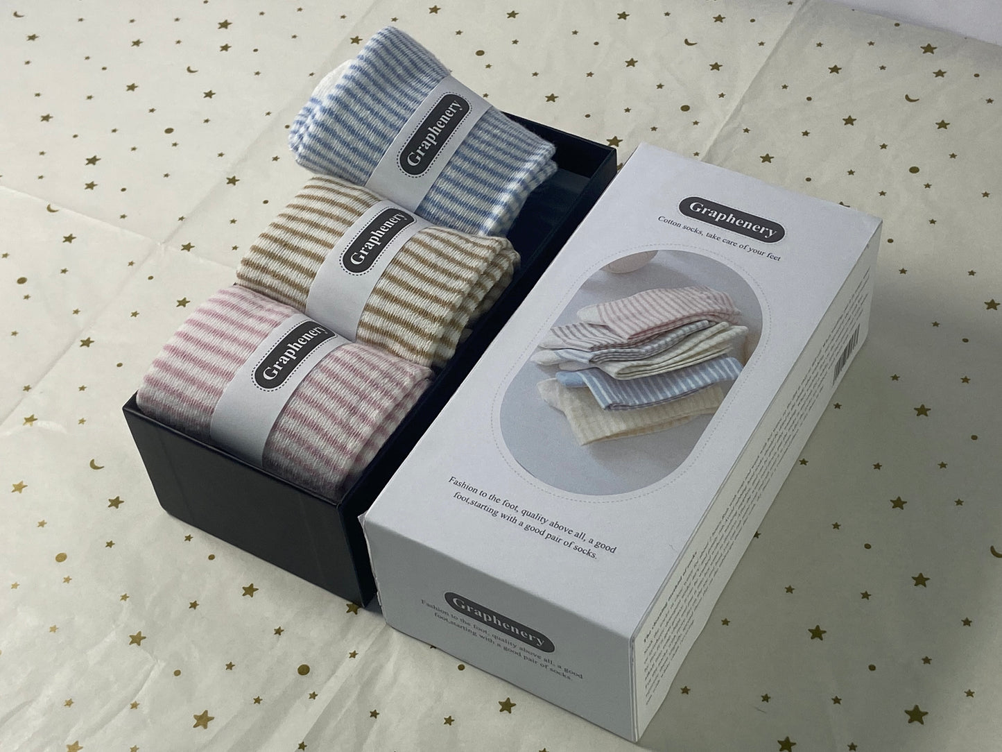 Graphenery Striped Socks High Ankle Women Cotton 3 Pairs Double-Needle Retro Style Cute Casual Crew Socks with Gifts Box Socks