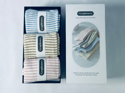 Graphenery Striped Socks High Ankle Women Cotton 3 Pairs Double-Needle Retro Style Cute Casual Crew Socks with Gifts Box Socks